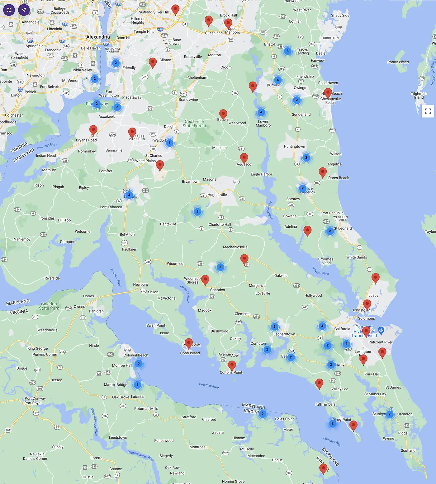 Map of Little Free Library locations in Southern Maryland